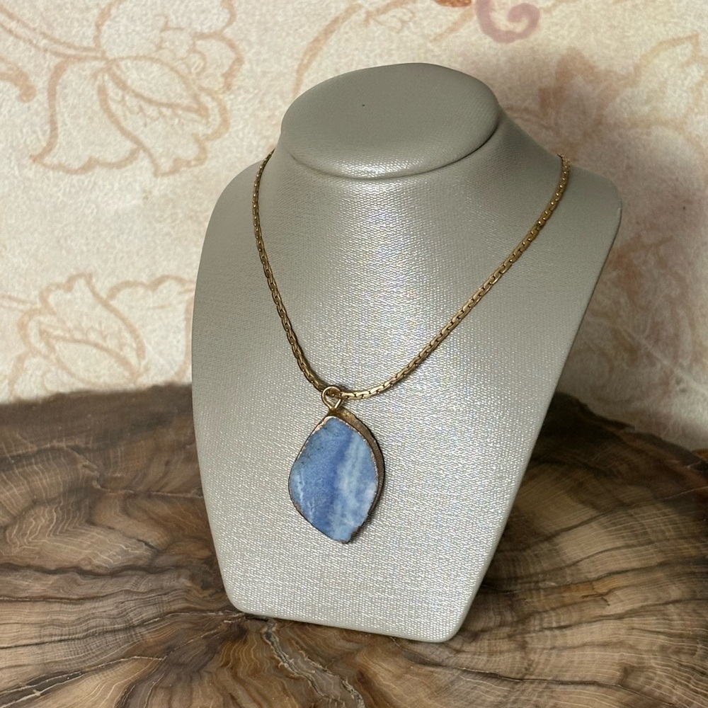 Blue Lace Agate Reversible Druzy Gold Edged Chakra Pendant Necklace